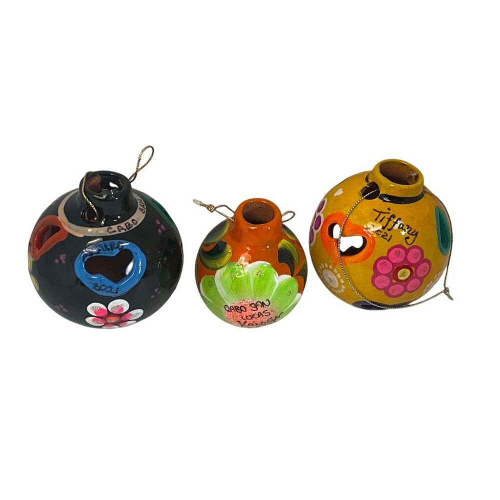 Handcrafted Cabo San Lucas Ceramic Ornament Trio With Bright Floral Designs‎  3"